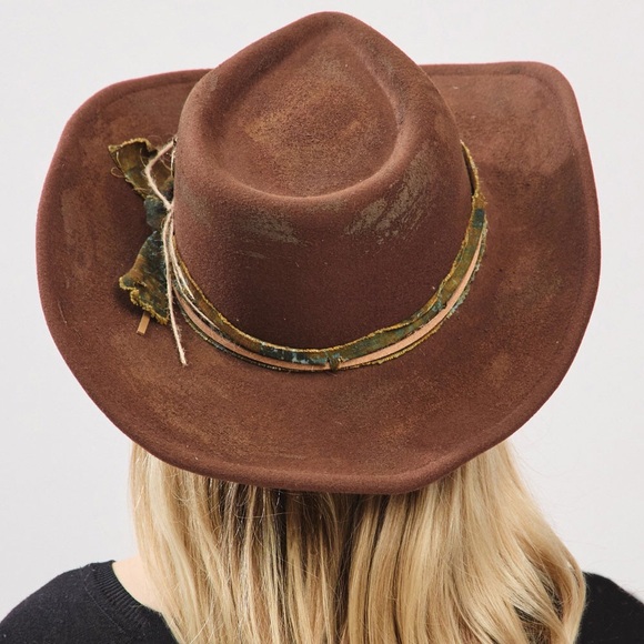Brown Vintage Inspired Distressed Fabric Band Rustic Western Fedora Hat - Picture 3 of 4